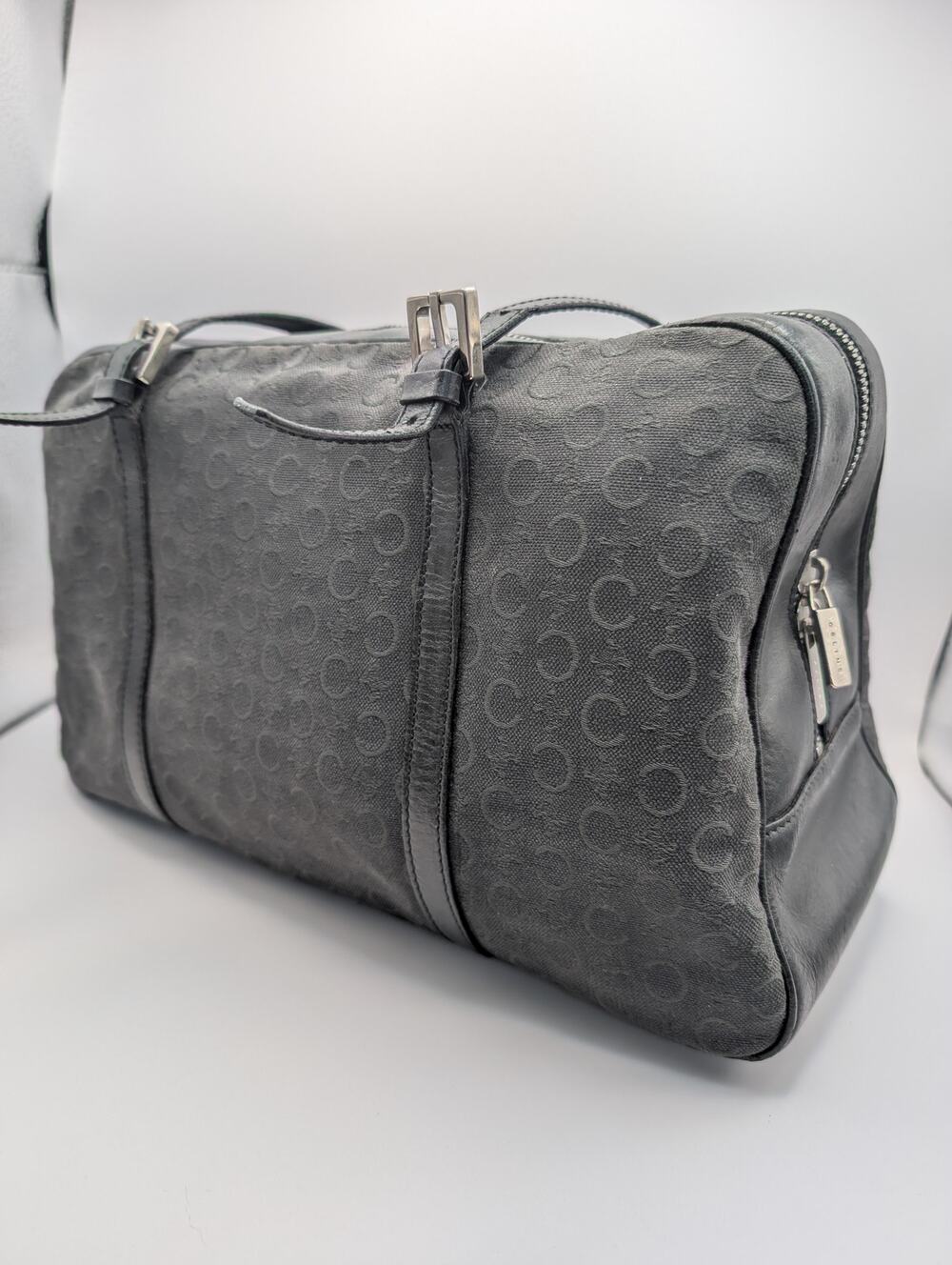 Authentic Celine Vintage C Sulky Canvas & Leather Silver Hardware Boston Bag